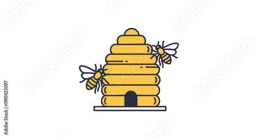 Yellow Beehive with Two Bees Flying.