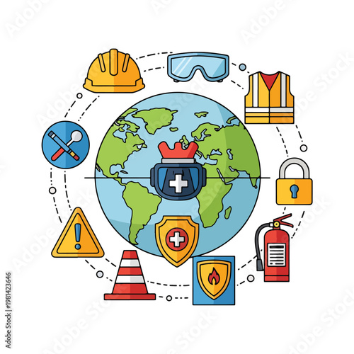 Global safety and protection measures illustrated with construction health and emergency equipment high quality professional