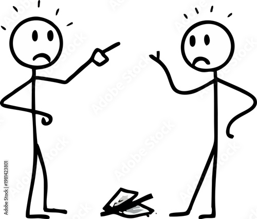 Angrily pointing at another stick figure who has just thrown trash on the ground