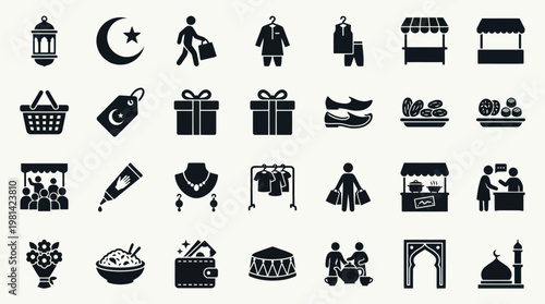 Ramadan Kareem and Eid Mubarak Shopping and Tradition Icon Set