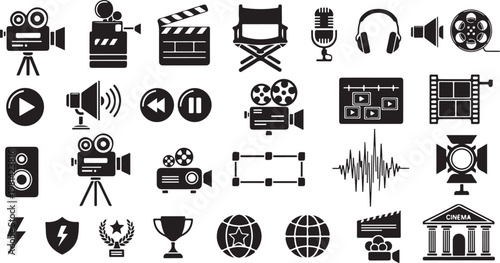 Film and cinema icons and symbols in black and white