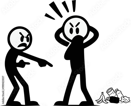Angrily pointing at another stick figure who has just thrown trash on the ground