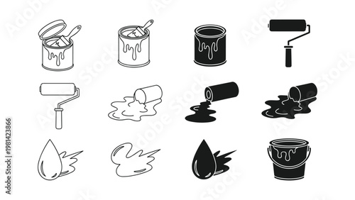Paint Bucket Roller Drips Icons Construction Renovation