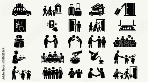 Family Visiting Tradition and Social Interaction During Eid Celebration Icons