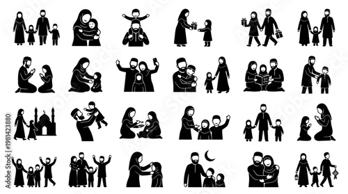 Happy Muslim Family Togetherness and Eid Celebration Activity Icon Set