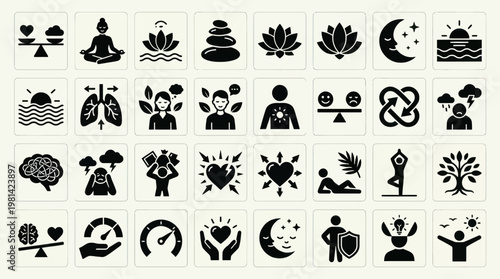 Self Care Mental Wellness Breathing and Emotional Stability Icons Set