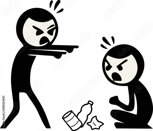 Angrily pointing at another stick figure who has just thrown trash on the ground