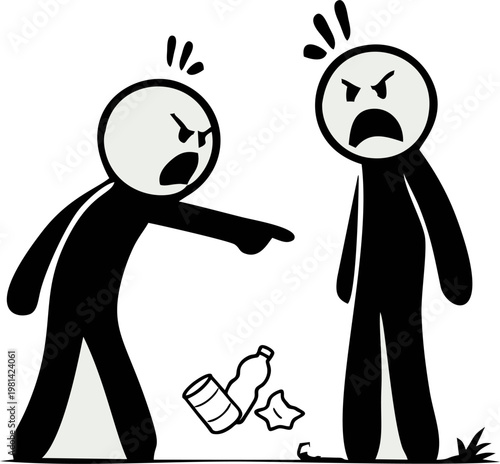 Angrily pointing at another stick figure who has just thrown trash on the ground