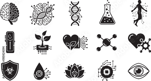 Black and white icons representing science and health concepts