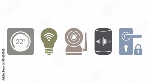 Collection of smart home technology icons including a thermostat, lightbulb, security camera, smart speaker, and smart lock.