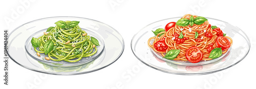 冷製パスタのイラストセット,ジェノベーゼ,トマトソース,イタリアンランチ,夏メニュー素材