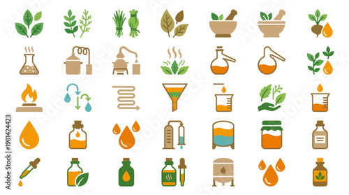 Essential Oil Extraction Process and Herbal Laboratory Flat Vector Icons