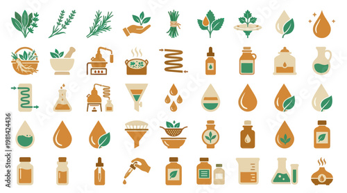Natural Plant Oil Production and Aromatherapy Herbal Treatment Vector Icons