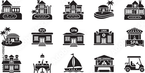 Black and white icons of various resort buildings and vehicles