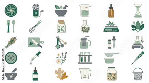 Natural Cosmetic Laboratory Equipment and Herbal Pharmacy Flat Vector Icons