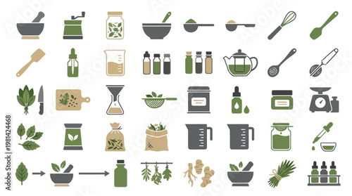 Botanical Ingredient Preparation and Cosmetic Formulation Flat Green Vector Icons