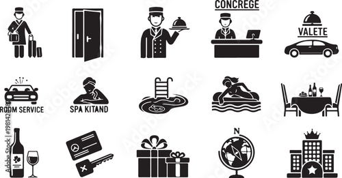 Hotel and travel services icons in black and white illustration
