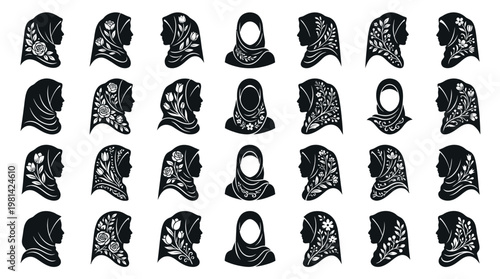 Collection of Hijab Woman Silhouettes with Diverse Artistic Floral Patterns