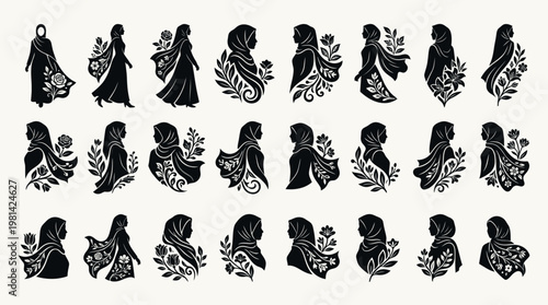 Full Body and Profile Hijab Woman Silhouettes with Floral Accents