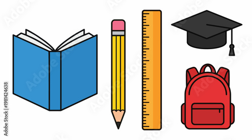 A collection of school supplies including an open book, a pencil, a ruler, a graduation cap, and a backpack, representing education and learning.