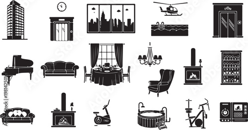 Various home and city icons in black and white