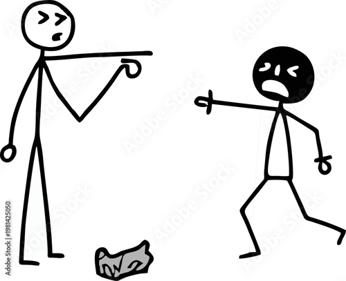 Angrily pointing at another stick figure who has just thrown trash on the ground