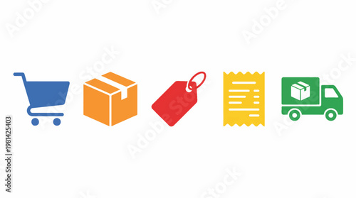 A collection of colorful icons representing e-commerce and retail, including a shopping cart, a package, a price tag, a receipt, and a delivery truck.