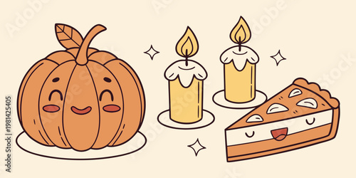 Festive illustration of a pumpkin candles and a slice of pie