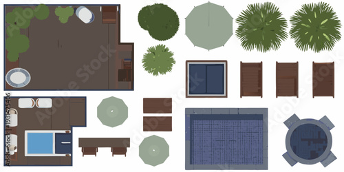 Overhead view of various outdoor furniture and landscape elements