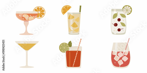 Assorted colorful summer cocktails and drinks with fruit garnishes