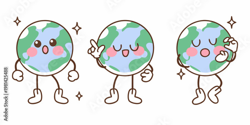 Three cartoon earth characters displaying different hand gestures and expressions