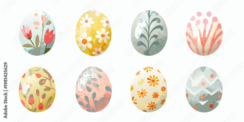 Obraz premium A collection of eight watercolor style easter eggs with floral patterns