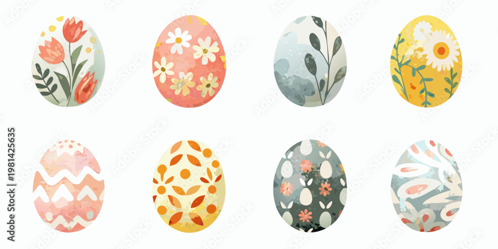 Fototapeta premium A collection of eight watercolor painted easter eggs with floral designs