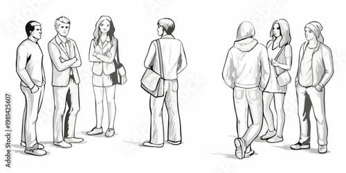 Group of diverse people standing and facing each other in a sketch