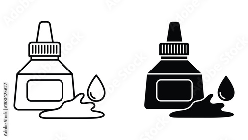 Black and white illustration of two bottles with liquid and droplets on a white background