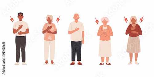 Diverse group experiencing chest pain and heart attack symptoms illustrated