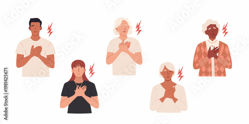 Diverse people experiencing heart attack or chest pain with lightning bolts