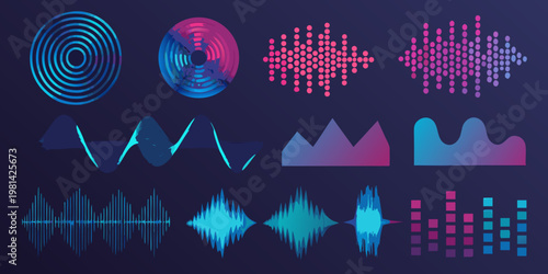 Abstract sound waves and digital patterns in vibrant gradients