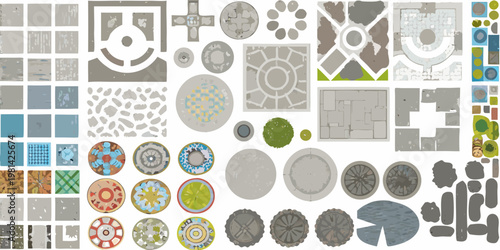 Assorted circular and geometric patterns resembling manhole covers and tiles