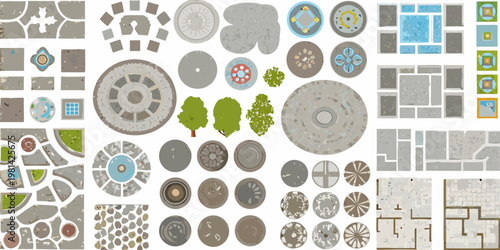 Collection of stylized game assets featuring various tiles and decorations