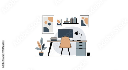 Modern Minimalist Home Office Workspace Illustration with Desk, Computer Monitor, and Abstract Wall Art