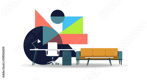 Minimalist Modern Workspace Illustration with Office Furniture and Abstract Geometric Background