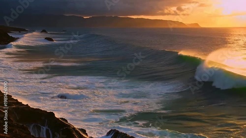 Golden Hour Ocean Waves Crashing Along Dramatic Rocky Coastline With Misty Mountains Cinematic Sunset Scene