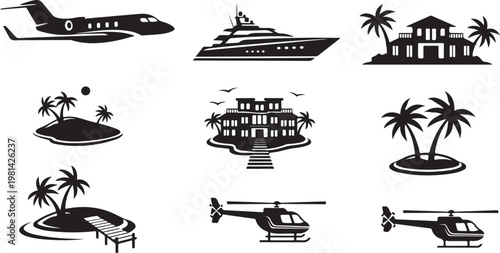Luxury travel and transportation icons in black and white