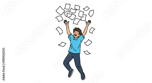 Excited person throwing papers in the air celebrating success.