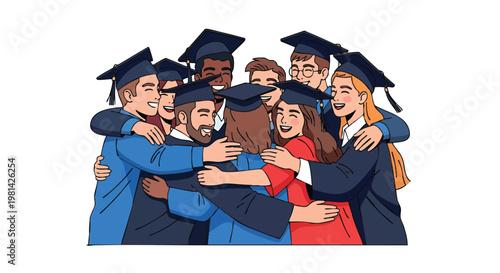 Diverse Group of Graduates Celebrating Together with Hugs and Smiles.
