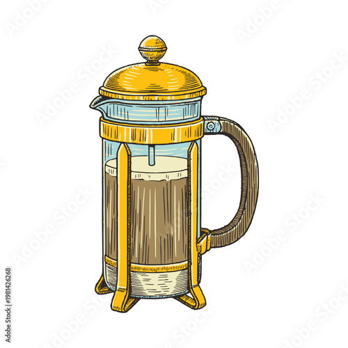 Slow Living Coffee Moment French Press Brewing Illustration