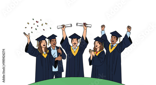 Diverse Group of Graduates Celebrating with Diplomas and Thrown Caps.