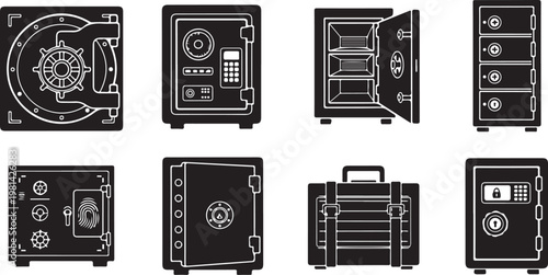 Collection of safe boxes and briefcases in black and white