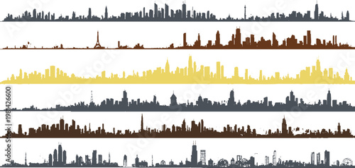 Collection of city skyline silhouettes with modern skyscrapers and urban buildings, minimalist black cityscape set  Rainbow Color 